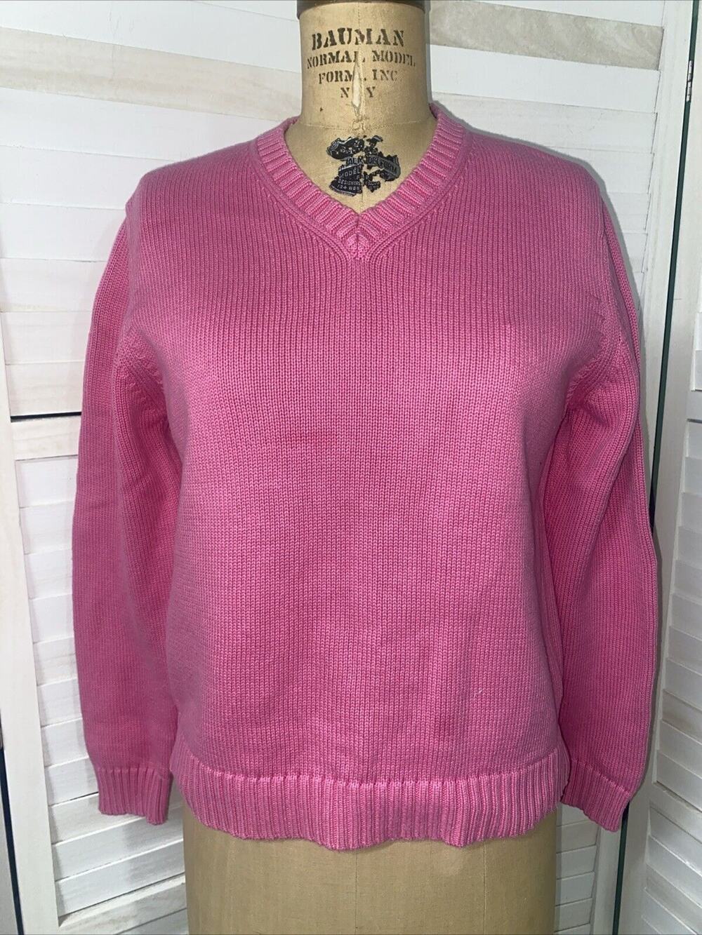90s Y2K L.L. Bean Pink Sweater Pullover Women’s 100% Cotton V Neck Sz Small